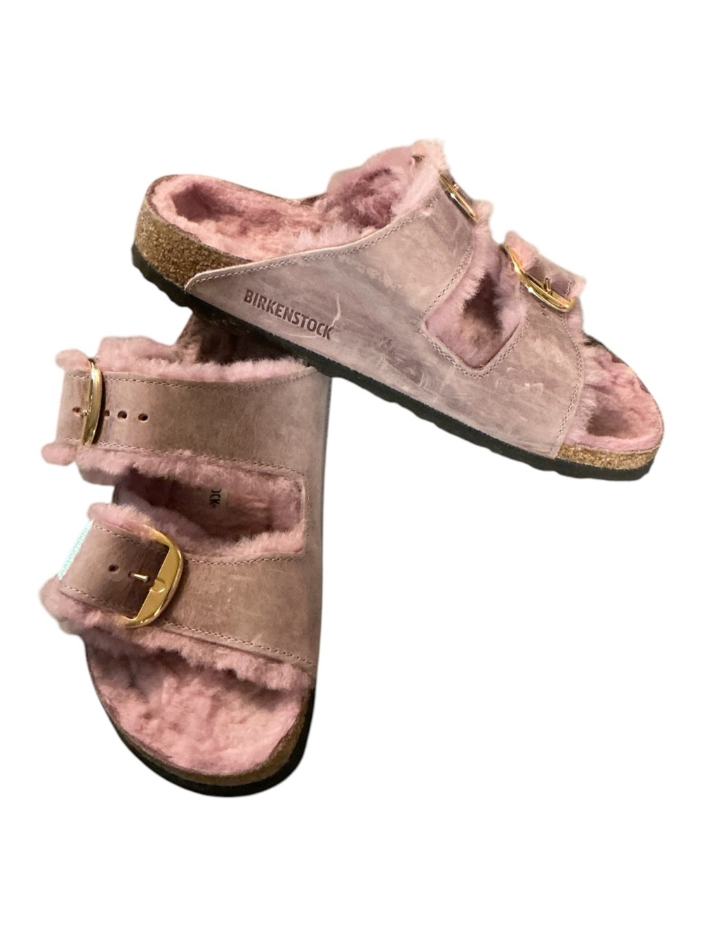 Birkenstock Arizona Shearling Slides in Blush Pink with Gold Buckles